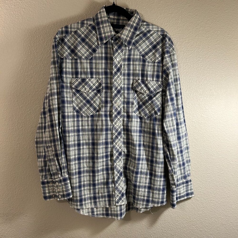 Men's Wrangler  Blue Plaid Long Sleeve Shirt with Pearl Snap